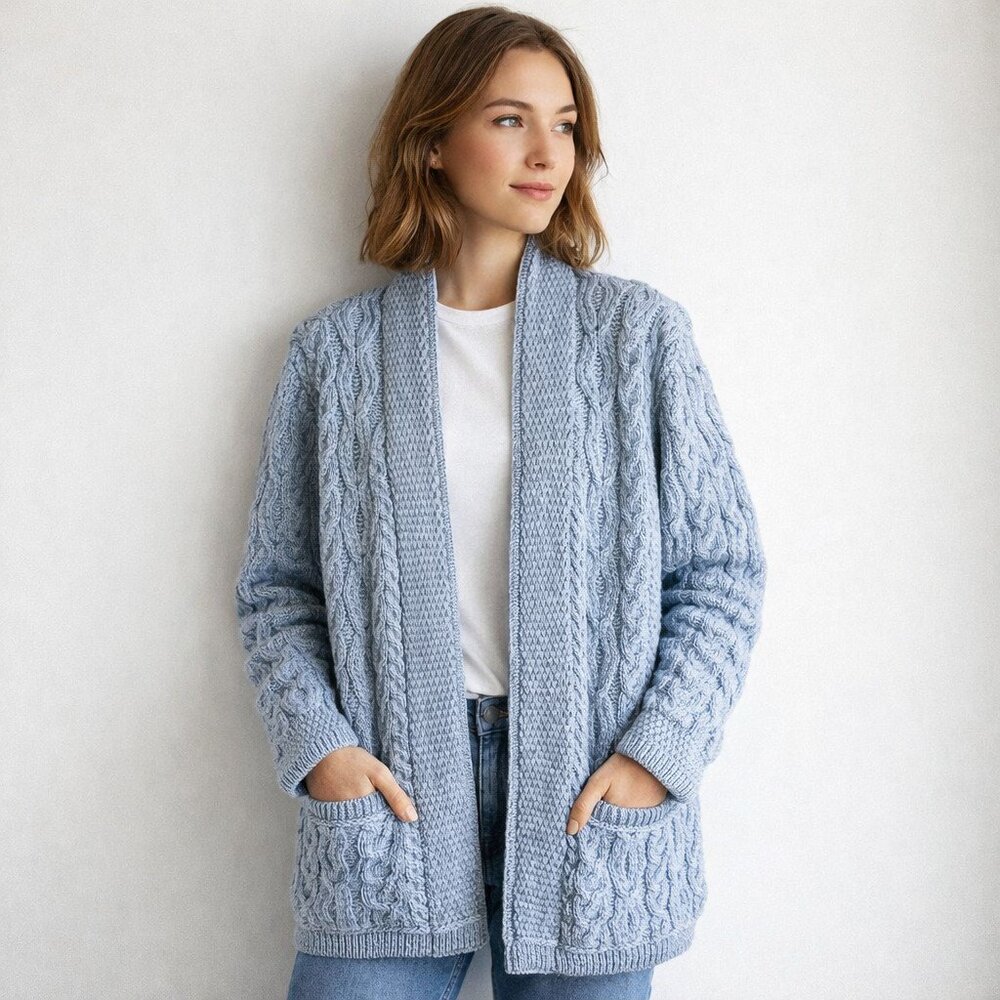 Aran Mor Merino Wool Cable Knit Blue Open Front Cardigan L